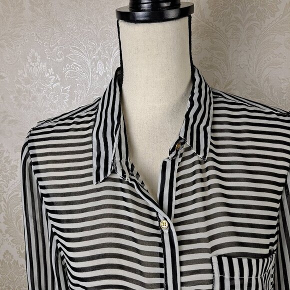 Charming Charlie Size Large Black White Stripe Sheer Button Down Shirt Long Slv - Picture 2 of 12